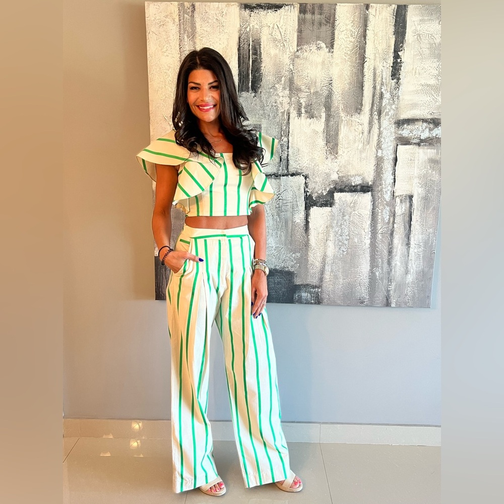 Striped Beige and Green Two-Piece Set